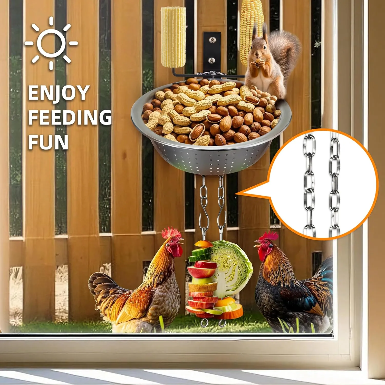 2 Hanging Skewers Squirrel/Chicken Feeders for Outside Tree/Fence, Drainage Bowl Removable - Easy to Clean/Refill, 2 Corn Cob Holders for Multi-Food Fun, Versatile Chick Fun 2025 New