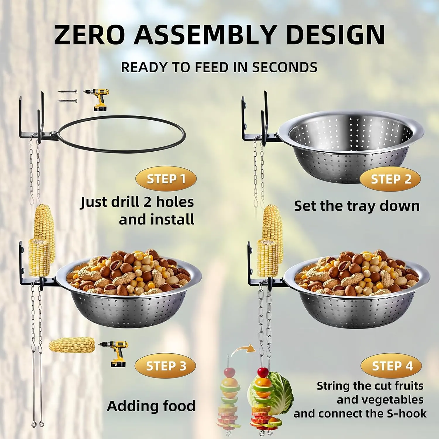 2 Hanging Skewers Squirrel/Chicken Feeders for Outside Tree/Fence, Drainage Bowl Removable - Easy to Clean/Refill, 2 Corn Cob Holders for Multi-Food Fun, Versatile Chick Fun 2025 New