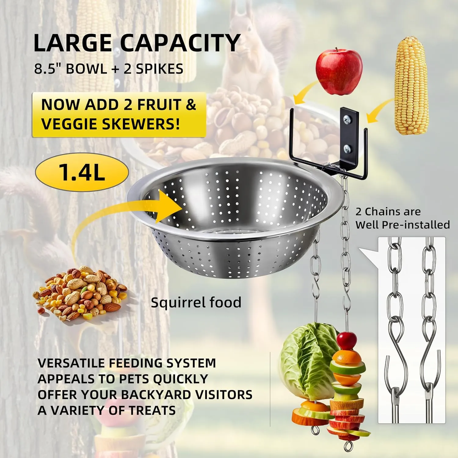 2 Hanging Skewers Squirrel/Chicken Feeders for Outside Tree/Fence, Drainage Bowl Removable - Easy to Clean/Refill, 2 Corn Cob Holders for Multi-Food Fun, Versatile Chick Fun 2025 New