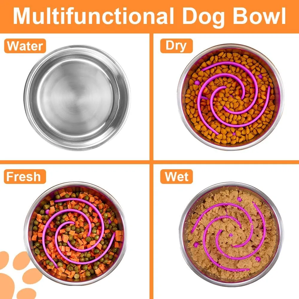 2-in-1 Metal Dog Bowl with Slow Feeder Insert, Stainless Steel Dog Bowls Food Grade 304, Water Food Bowl with Anti-Slip Silicone Base for Small & Medium Dogs(Purple, 3 Cups)