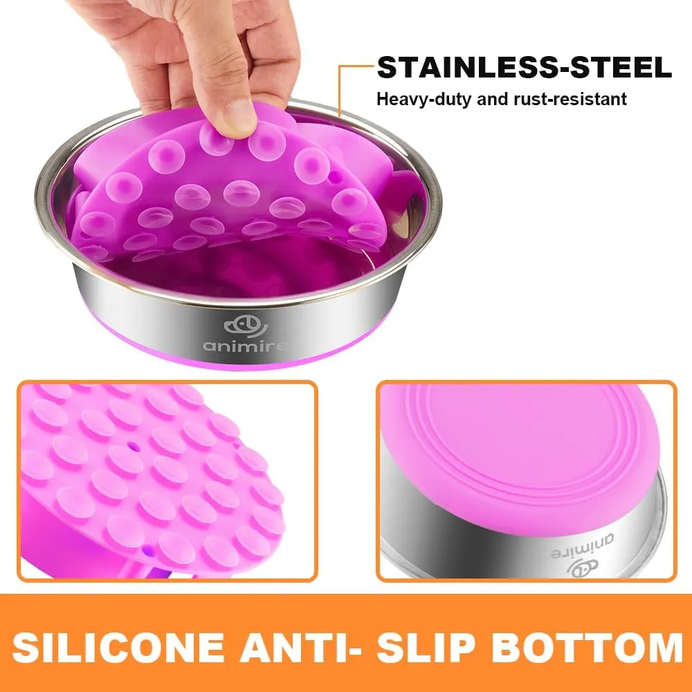 2-in-1 Metal Dog Bowl with Slow Feeder Insert, Stainless Steel Dog Bowls Food Grade 304, Water Food Bowl with Anti-Slip Silicone Base for Small & Medium Dogs(Purple, 3 Cups)