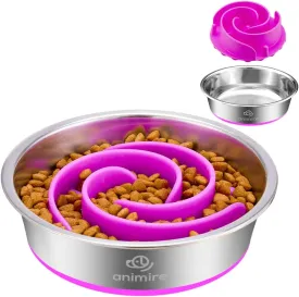 2-in-1 Metal Dog Bowl with Slow Feeder Insert, Stainless Steel Dog Bowls Food Grade 304, Water Food Bowl with Anti-Slip Silicone Base for Small & Medium Dogs(Purple, 3 Cups)