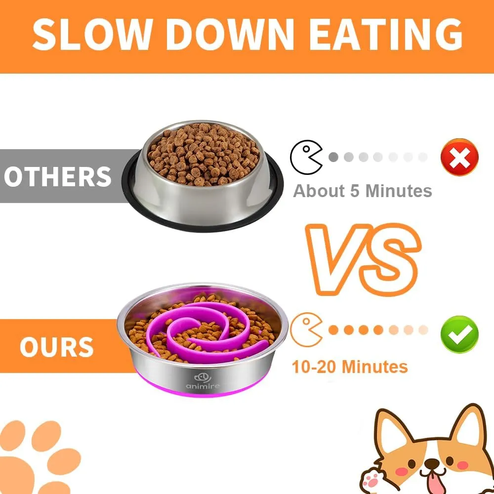 2-in-1 Metal Dog Bowl with Slow Feeder Insert, Stainless Steel Dog Bowls Food Grade 304, Water Food Bowl with Anti-Slip Silicone Base for Small & Medium Dogs(Purple, 3 Cups)