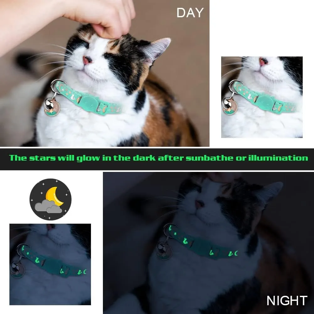 2PCS Breakaway Cat Collars with Bell Moons Stars Cute Kitty Adjustable Safe Kitten Collars with Pendant Glow in The Dark(Pink&Teal)