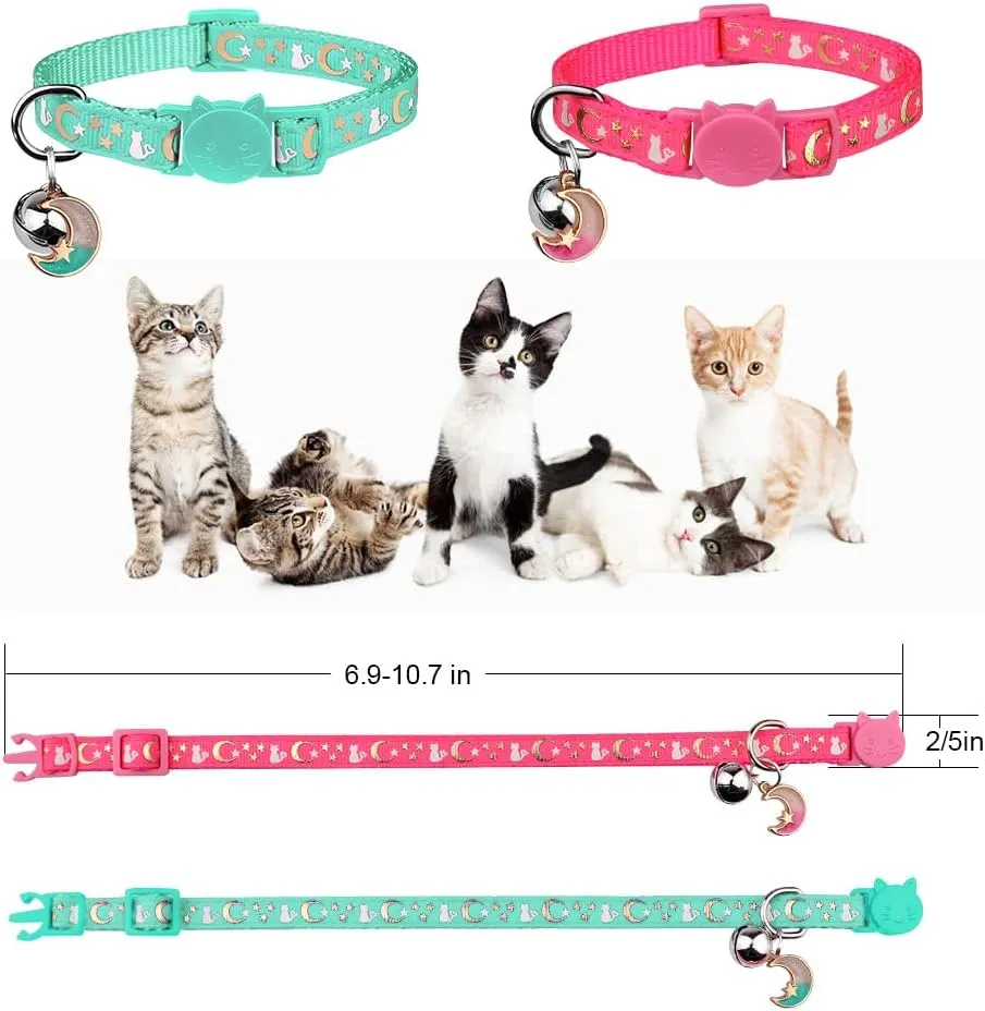 2PCS Breakaway Cat Collars with Bell Moons Stars Cute Kitty Adjustable Safe Kitten Collars with Pendant Glow in The Dark(Pink&Teal)