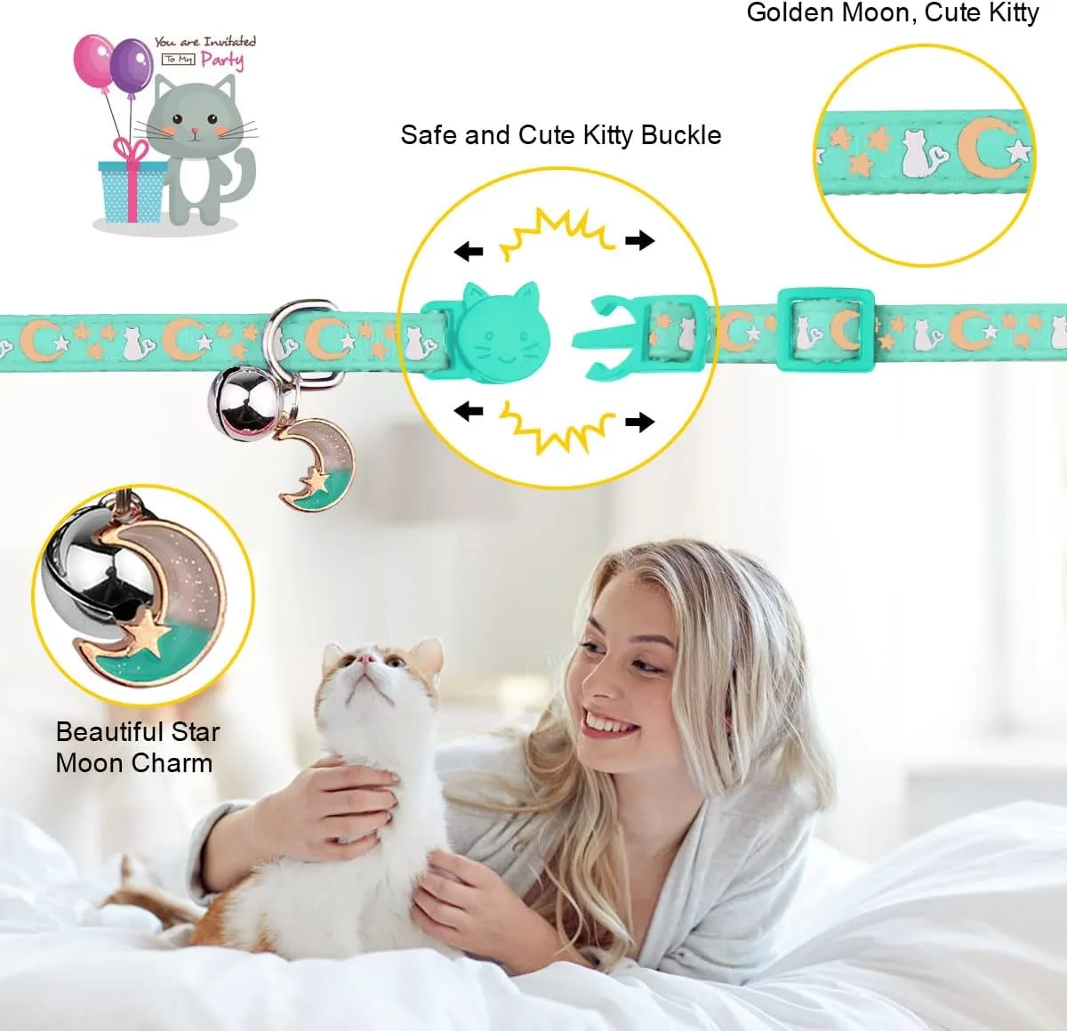 2PCS Breakaway Cat Collars with Bell Moons Stars Cute Kitty Adjustable Safe Kitten Collars with Pendant Glow in The Dark(Pink&Teal)