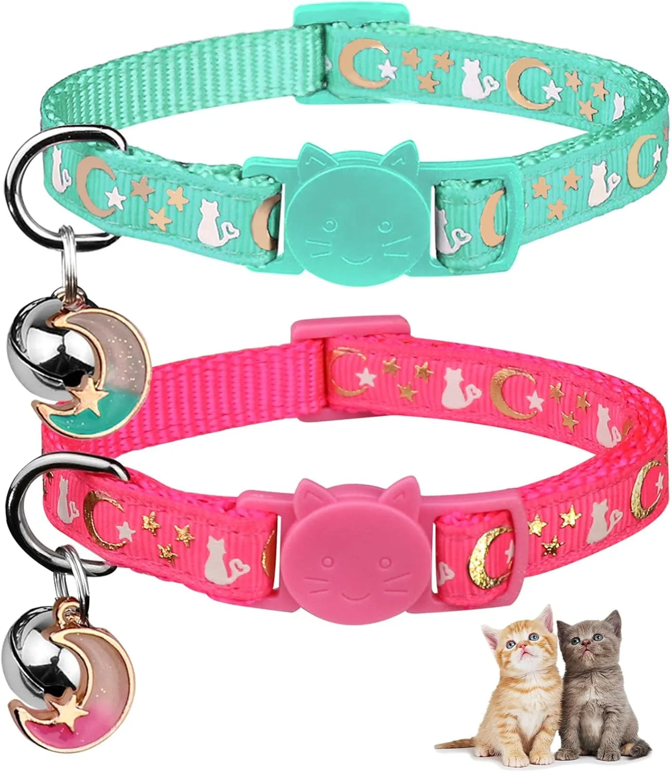 2PCS Breakaway Cat Collars with Bell Moons Stars Cute Kitty Adjustable Safe Kitten Collars with Pendant Glow in The Dark(Pink&Teal)