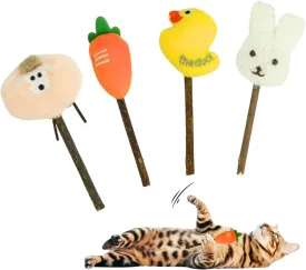 4 Pack Nature Silvervine Catnip Sticks, Cat Toys for Indoor Cats, Interactive Chew Toy for Teeth Cleaning, Carrot Duck Sheep Bunny Plush