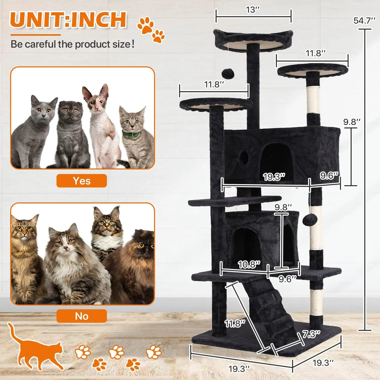 54 Cat Tree Cat Tower for Indoor Cats Multi-Level Cats Playhouse with Sisal Scratching Post Cat Condo Tall Stand House Cats Furniture Activity Center with Funny Toy, Dark Gray