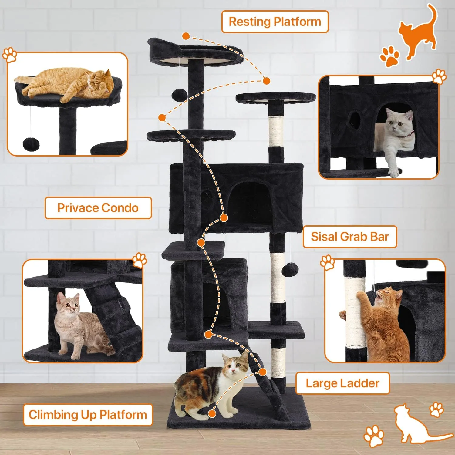 54 Cat Tree Cat Tower for Indoor Cats Multi-Level Cats Playhouse with Sisal Scratching Post Cat Condo Tall Stand House Cats Furniture Activity Center with Funny Toy, Dark Gray