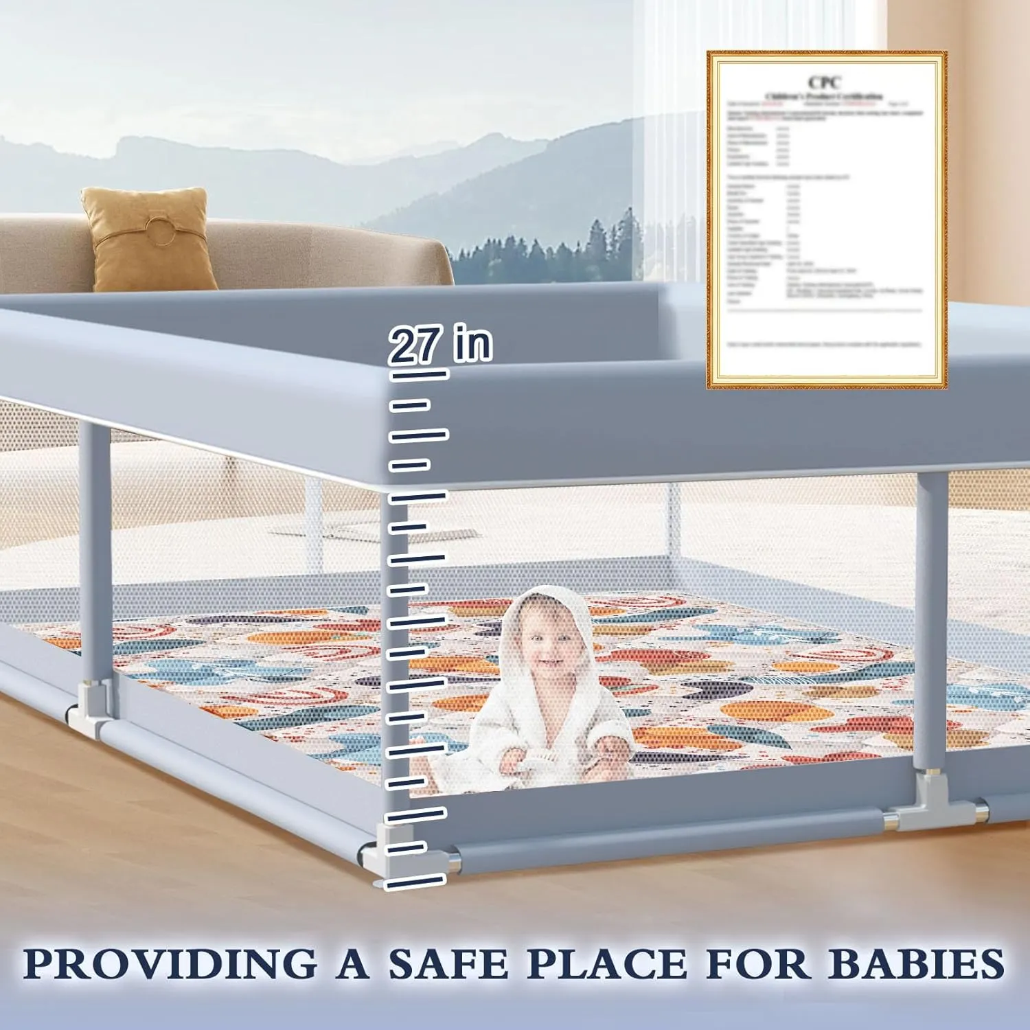 65 x 50 Inch Baby Playpen with Mat, Playpen for Babies and Toddlers, Baby Play Pen Playard for Indoor & Outdoor Active Center Game Fence, Skin-Friendly Fabric and Soft Breathable Mesh, Grey