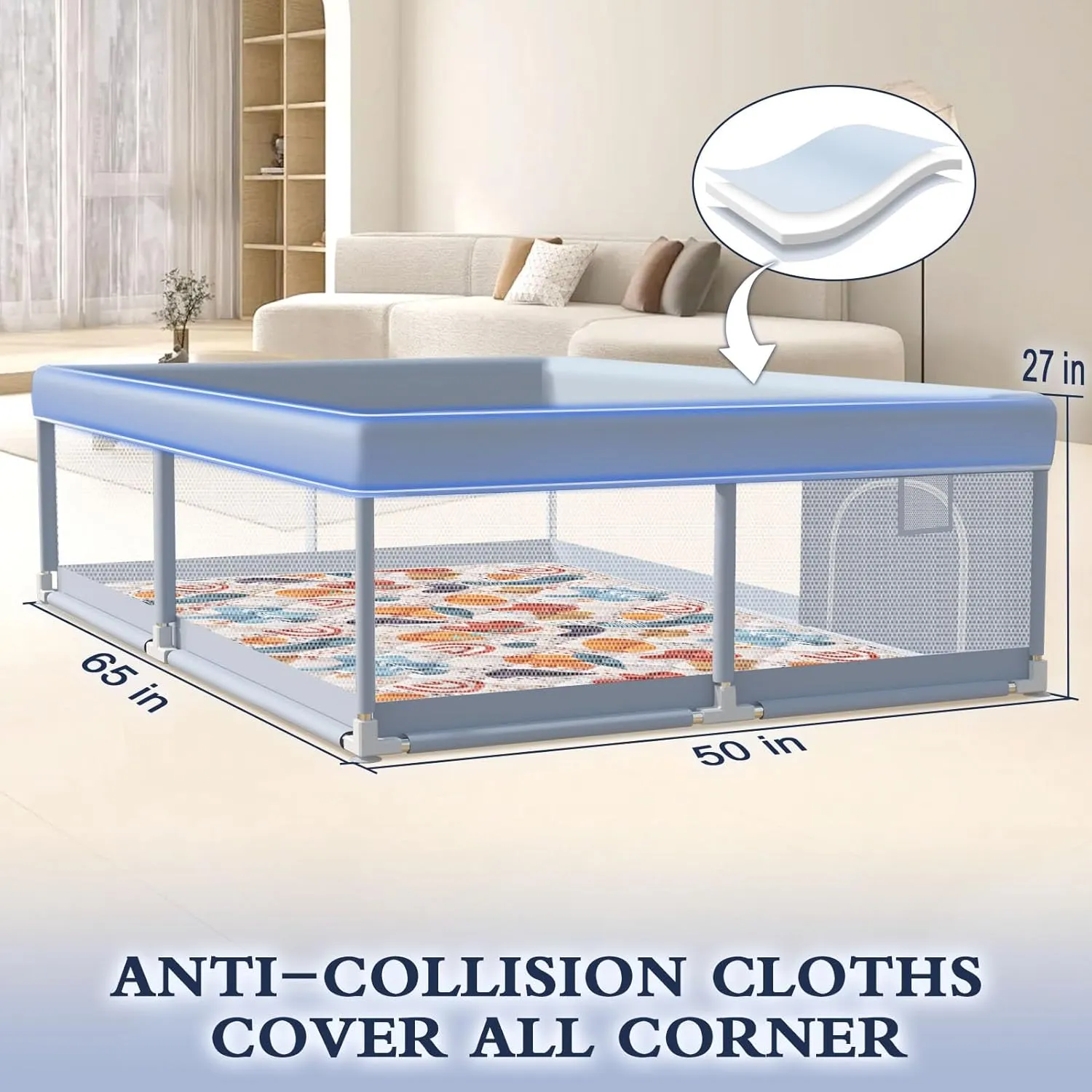 65 x 50 Inch Baby Playpen with Mat, Playpen for Babies and Toddlers, Baby Play Pen Playard for Indoor & Outdoor Active Center Game Fence, Skin-Friendly Fabric and Soft Breathable Mesh, Grey