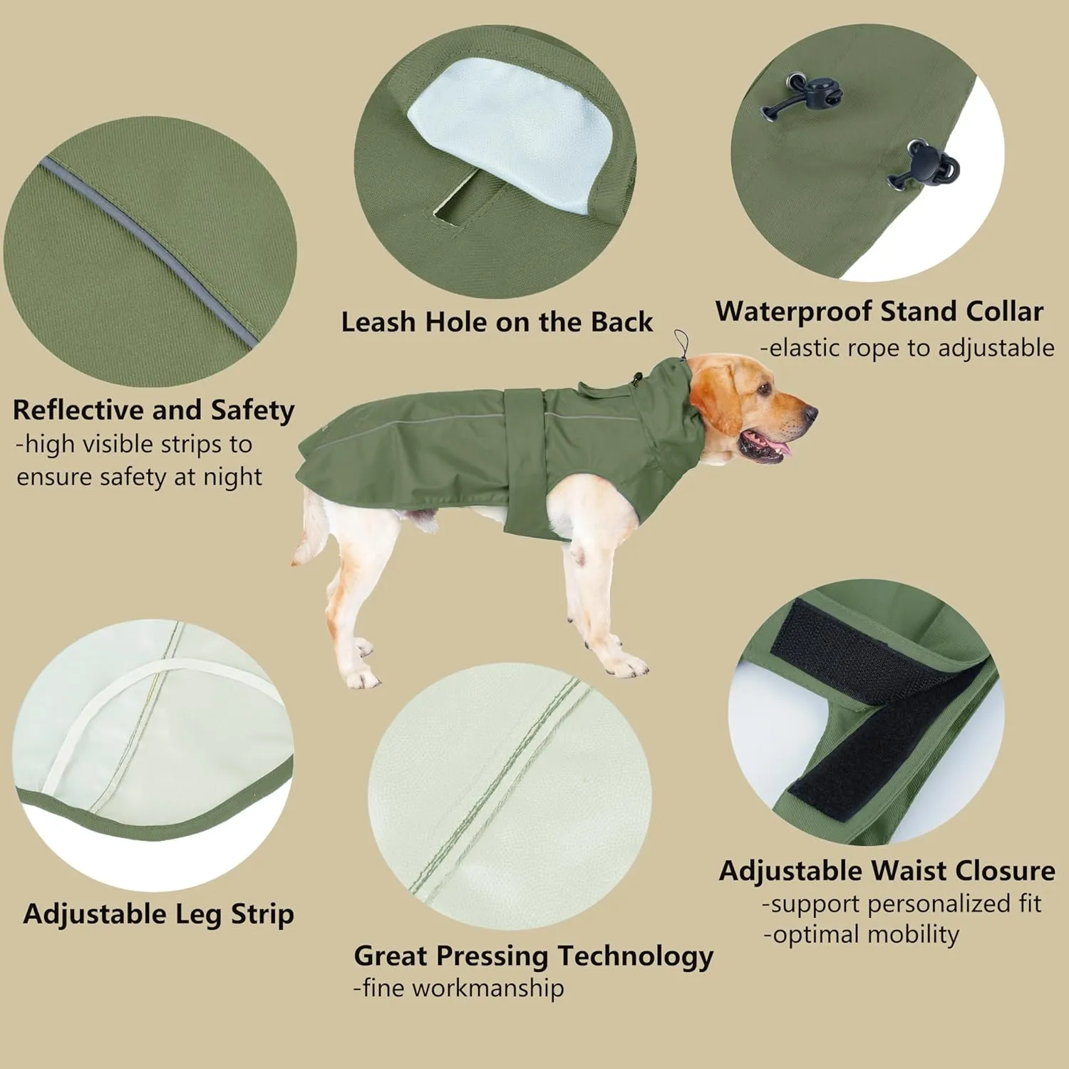 Adjustable Waterproof Dog Raincoat for Dogs,Lightweight Pet Rain Jacket Puppy Clothes with Reflective Strip for Small Medium Large Dogs (Army Green, Large)