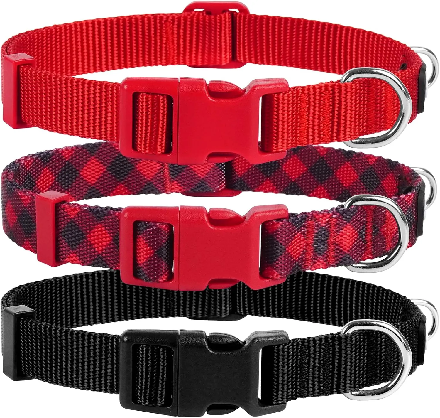 azuza 3 Pack Christmas Nylon Dog Collars Buffalo Check Durable and Comfortable Dog Collars with ID Tag Ring Adjustable for Medium Dogs, M (14-20inch)