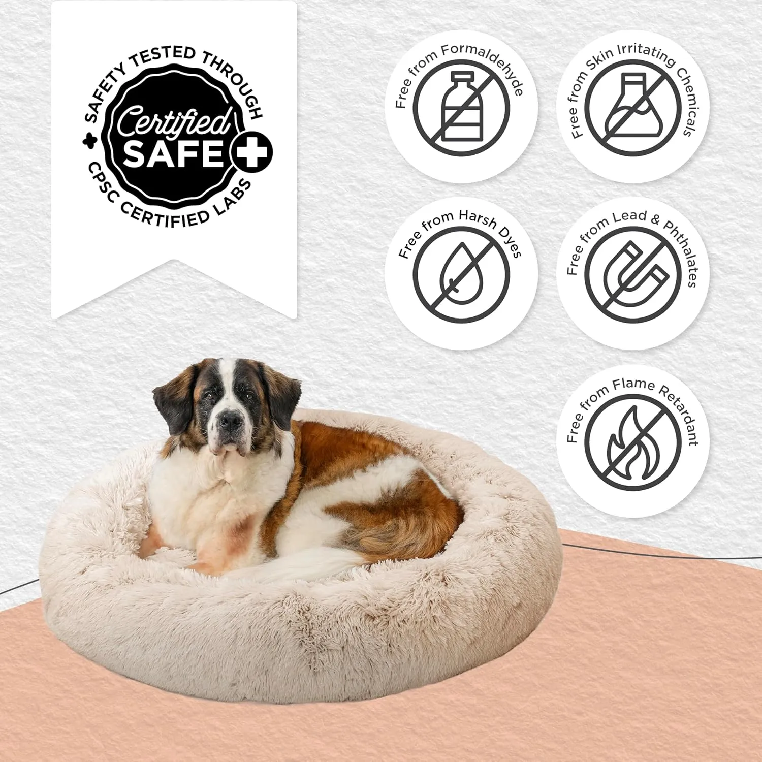 Best Friends by Sheri Original Calming Donut Dog and Cat Bed, Shag Faux Fur, Taupe, XL (45x45) - Helps Provide Anxiety Relief for Pets