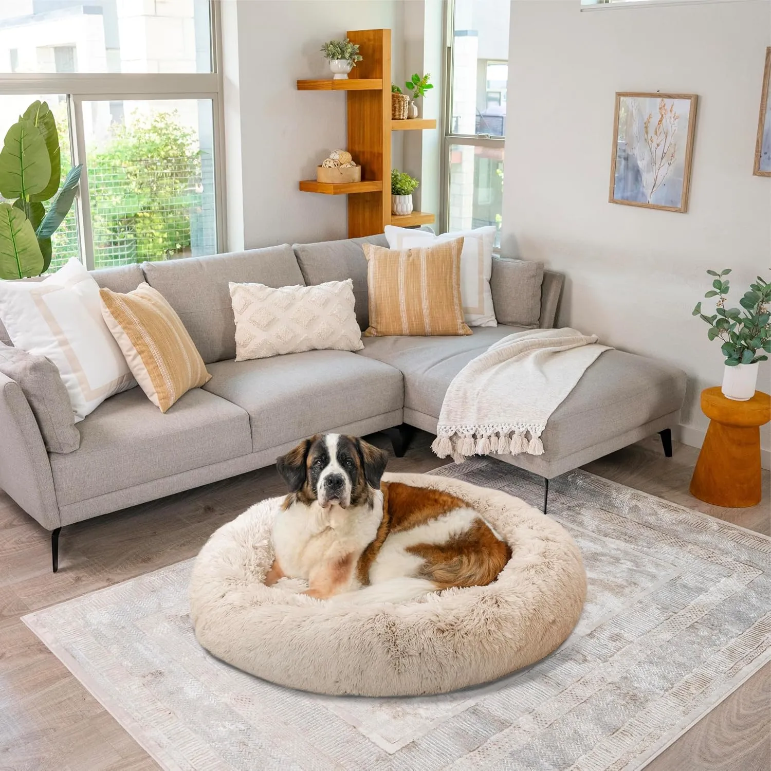 Best Friends by Sheri Original Calming Donut Dog and Cat Bed, Shag Faux Fur, Taupe, XL (45x45) - Helps Provide Anxiety Relief for Pets