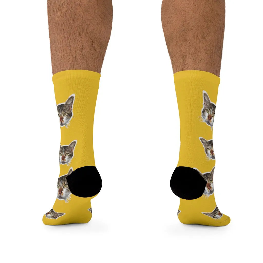 Bright Yellow Cat Print Socks, Cute Calico Cat One-Size Premium Socks- Made in USA