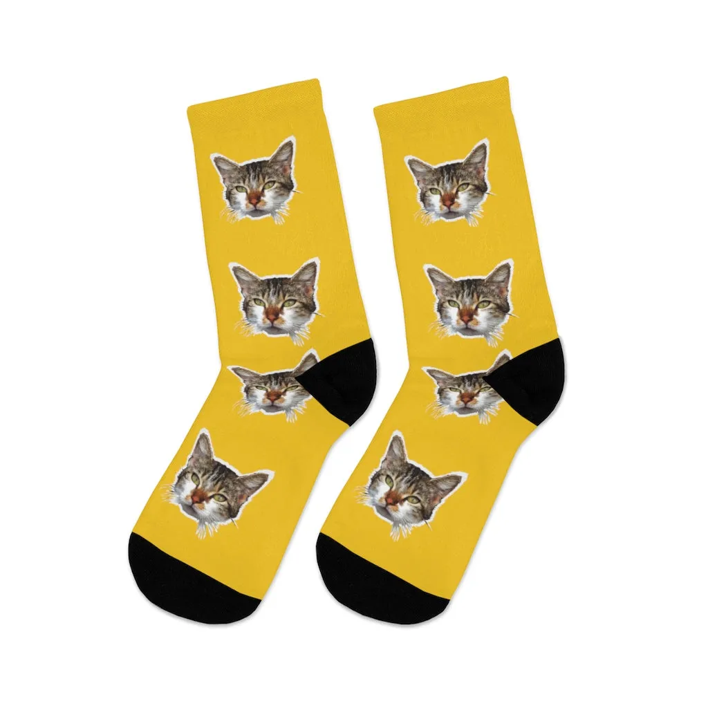 Bright Yellow Cat Print Socks, Cute Calico Cat One-Size Premium Socks- Made in USA