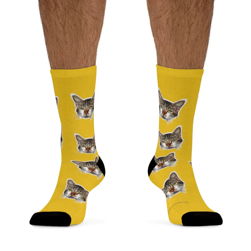 Bright Yellow Cat Print Socks, Cute Calico Cat One-Size Premium Socks- Made in USA
