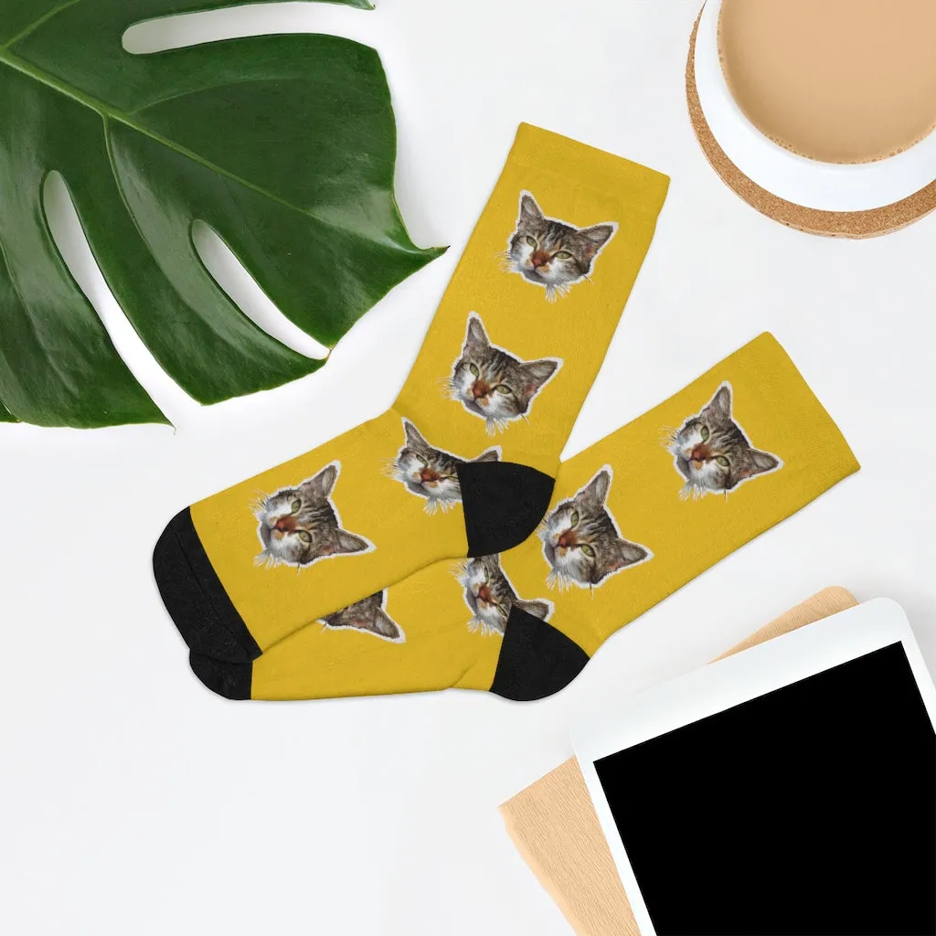 Bright Yellow Cat Print Socks, Cute Calico Cat One-Size Premium Socks- Made in USA