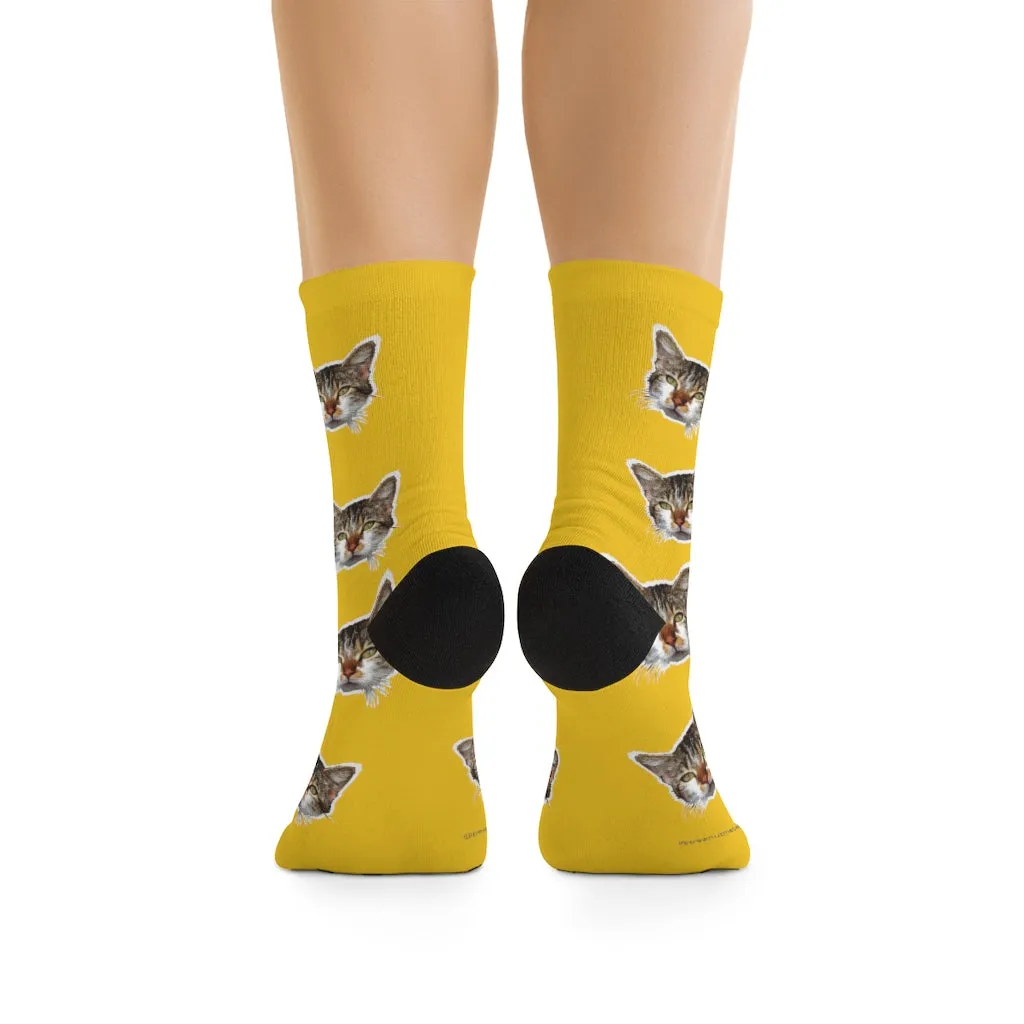 Bright Yellow Cat Print Socks, Cute Calico Cat One-Size Premium Socks- Made in USA