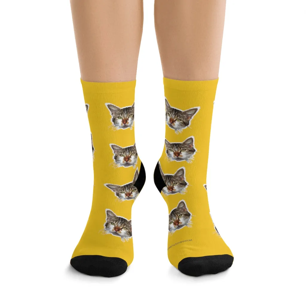 Bright Yellow Cat Print Socks, Cute Calico Cat One-Size Premium Socks- Made in USA