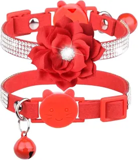 Cat Collar Bling Diamond Breakaway Cat Collar with Bell Rhinestones Pet Collars with Soft Velvet Adjustable Shine Collar for Cats Girls and Small Dogs Puppy (Red)