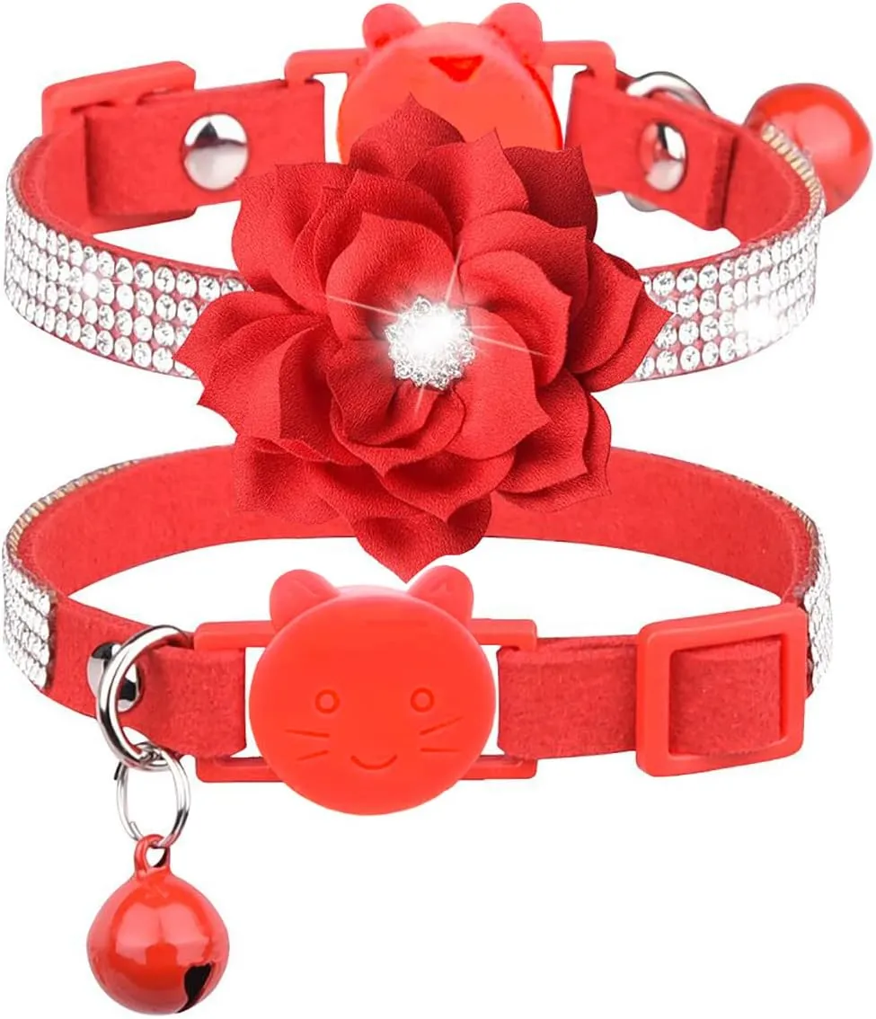 Cat Collar Bling Diamond Breakaway Cat Collar with Bell Rhinestones Pet Collars with Soft Velvet Adjustable Shine Collar for Cats Girls and Small Dogs Puppy (Red)