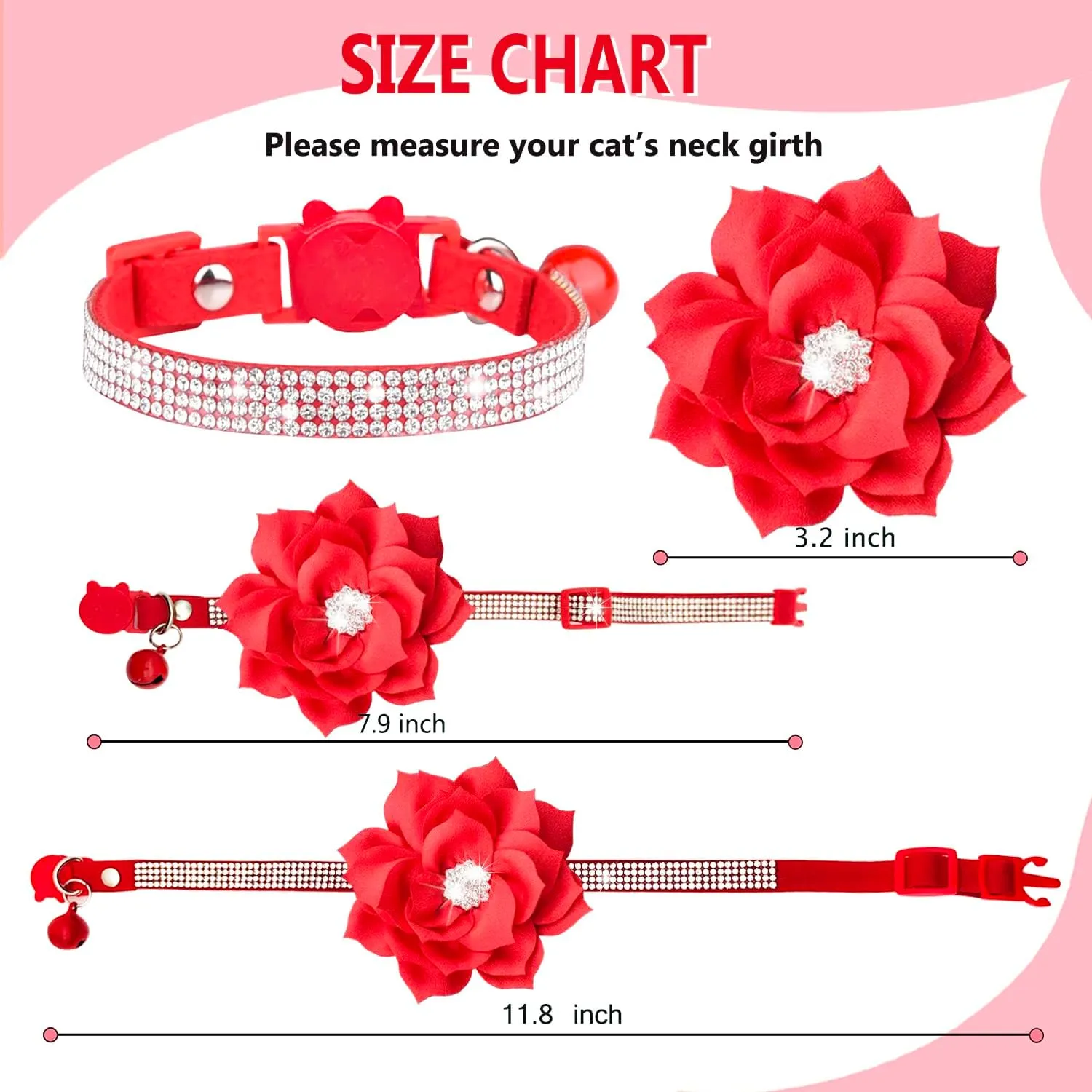 Cat Collar Bling Diamond Breakaway Cat Collar with Bell Rhinestones Pet Collars with Soft Velvet Adjustable Shine Collar for Cats Girls and Small Dogs Puppy (Red)