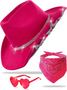 Cowboy Hat for Women Men 6 Sparkly Stars Brim & Rhinestone Belt Western Cowgirl Hat with Sunglasses Bandanas