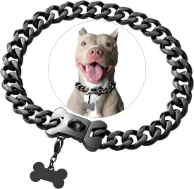 Cuban Black Link Heavy Duty Dog Collar, 10inch-26inch Wide Stainless Steel Luxury Dog ID Name Tag Necklace Personalized Collar for Small Medium Large Dogs