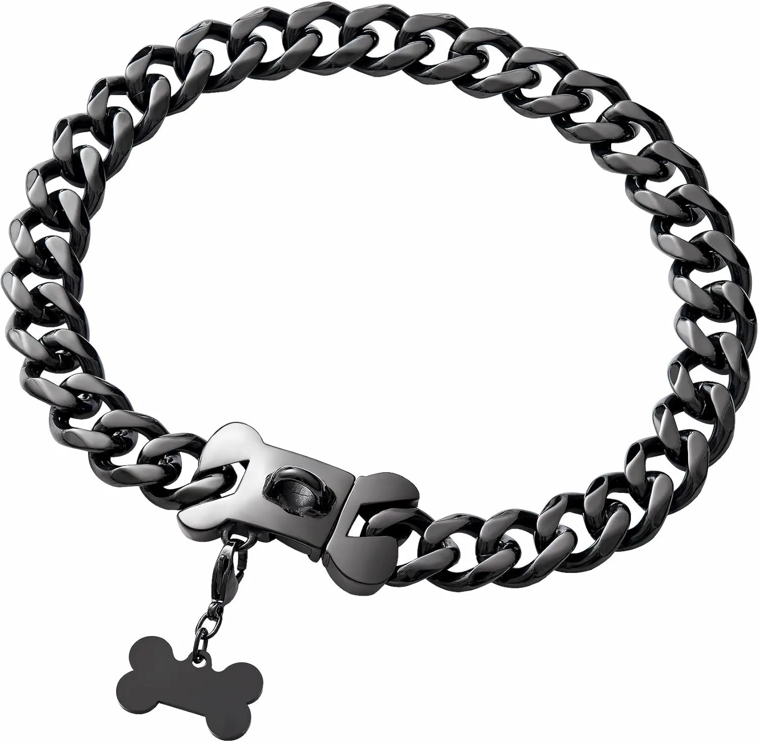 Cuban Black Link Heavy Duty Dog Collar, 10inch-26inch Wide Stainless Steel Luxury Dog ID Name Tag Necklace Personalized Collar for Small Medium Large Dogs