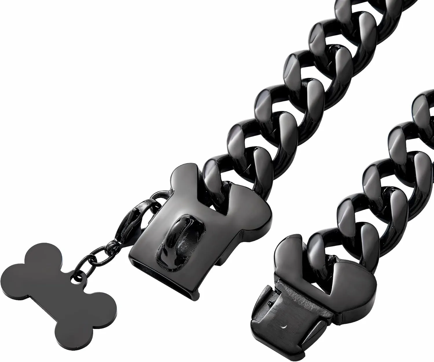 Cuban Black Link Heavy Duty Dog Collar, 10inch-26inch Wide Stainless Steel Luxury Dog ID Name Tag Necklace Personalized Collar for Small Medium Large Dogs