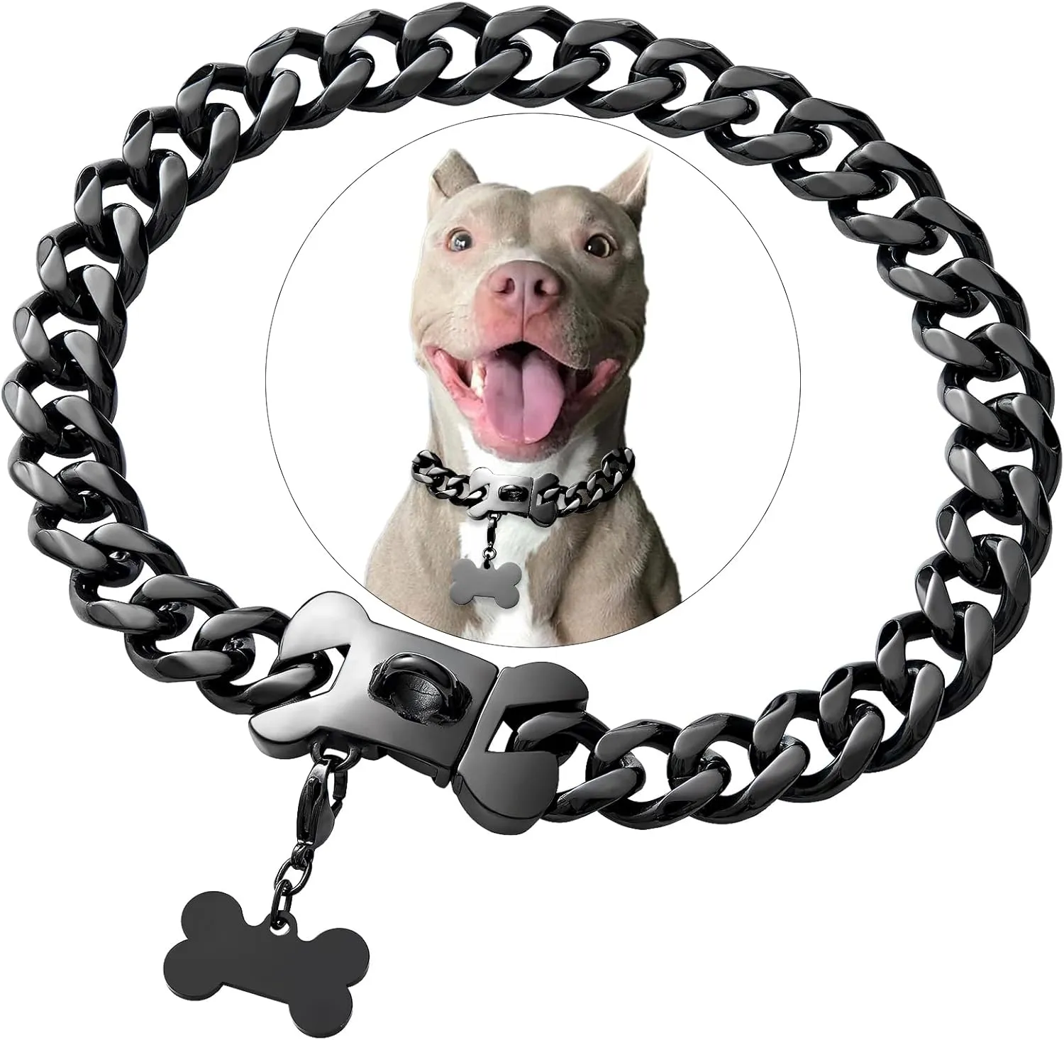 Cuban Black Link Heavy Duty Dog Collar, 10inch-26inch Wide Stainless Steel Luxury Dog ID Name Tag Necklace Personalized Collar for Small Medium Large Dogs