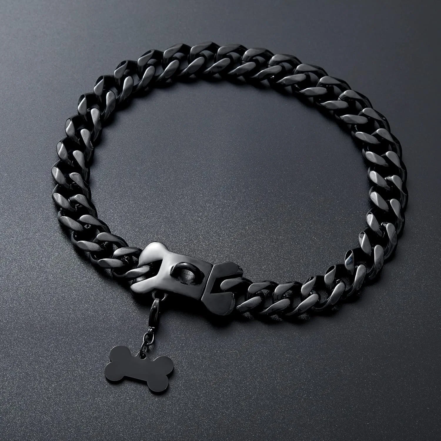 Cuban Black Link Heavy Duty Dog Collar, 10inch-26inch Wide Stainless Steel Luxury Dog ID Name Tag Necklace Personalized Collar for Small Medium Large Dogs