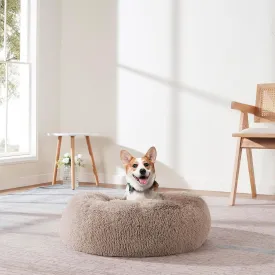 Dog & Cat Bed: Round Faux Fur Pet Bed - Plush, Cozy, & Calming Donut Bed for Small Pets - Soft & Comfortable Sleeping Cushion for Napping & Lounging, 20" Round, Taupe