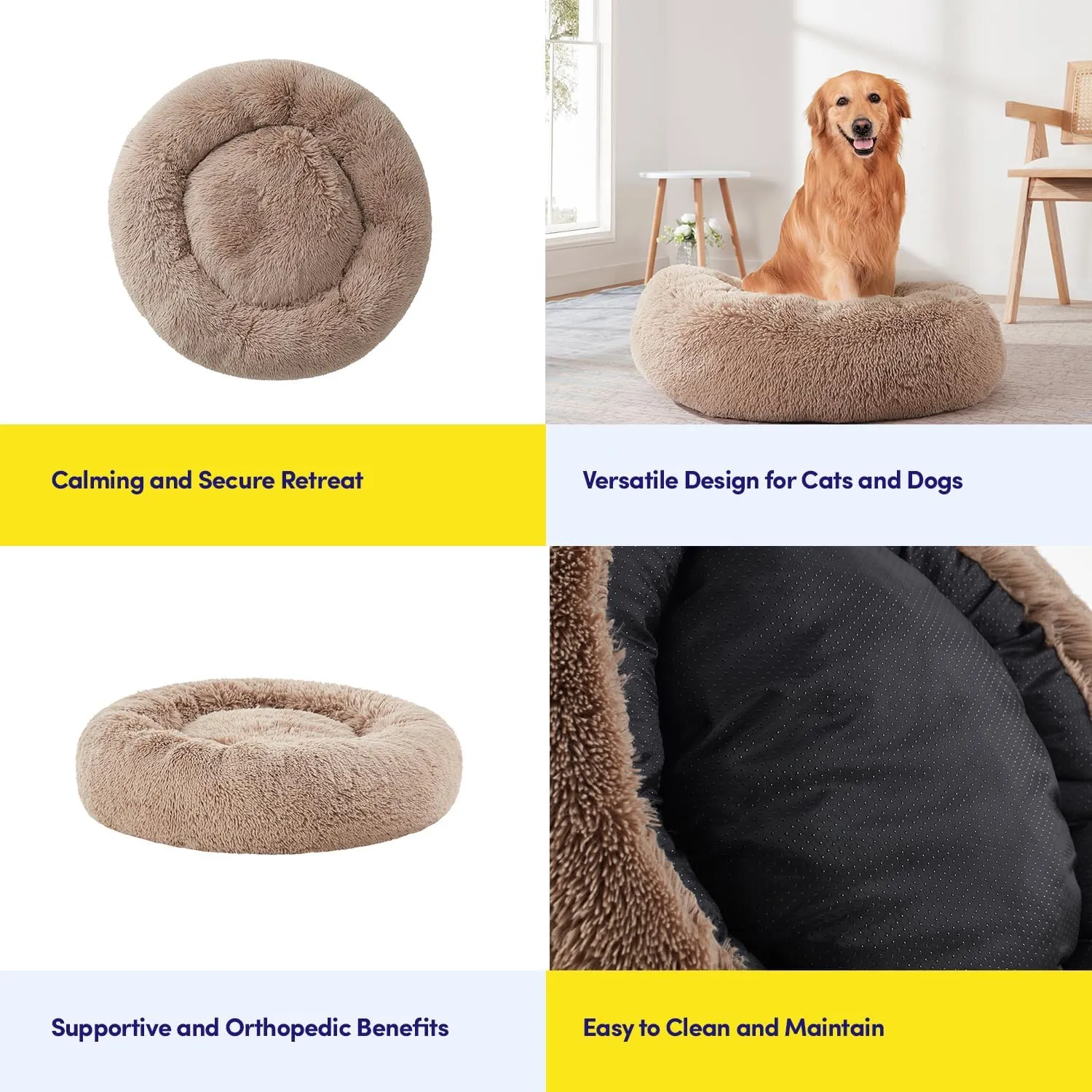Dog & Cat Bed: Round Faux Fur Pet Bed - Plush, Cozy, & Calming Donut Bed for Small Pets - Soft & Comfortable Sleeping Cushion for Napping & Lounging, 20" Round, Taupe