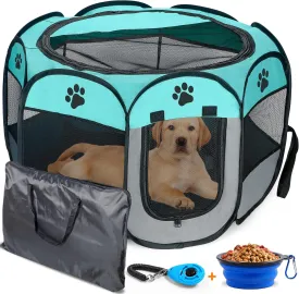 Dog Playpen Indoor for Small, Medium and Large Dogs.Portable Dog Pen, Foldable & Pop up Puppy playpen Indoor & Outdoor Travel. Puppy Kennel Comes with Additional Toys and Bag.(Large-Green)
