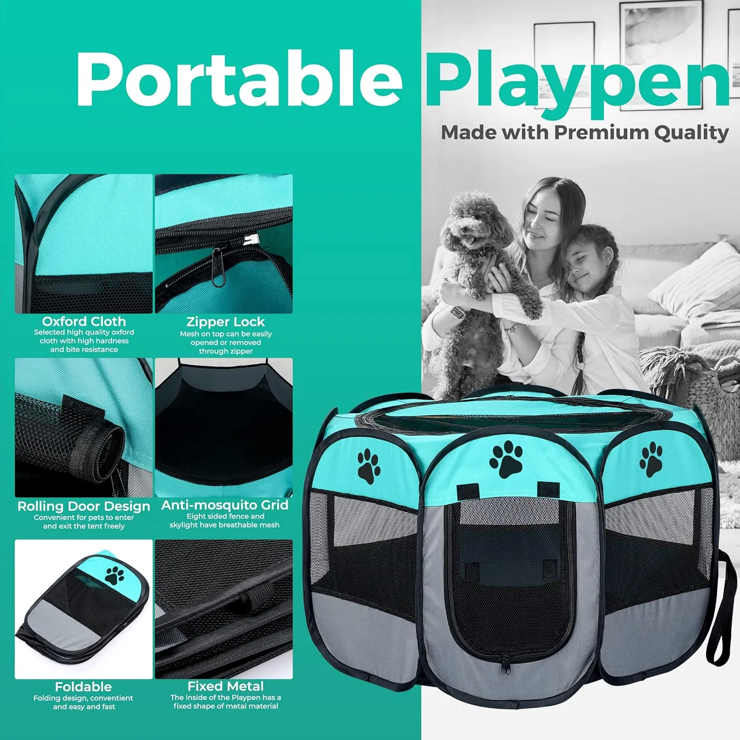 Dog Playpen Indoor for Small, Medium and Large Dogs.Portable Dog Pen, Foldable & Pop up Puppy playpen Indoor & Outdoor Travel. Puppy Kennel Comes with Additional Toys and Bag.(Large-Green)