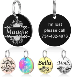 Dog Tags Engraved for Pets, YEHANTI Stainless Steel Pet ID Tags with Sunflower Designs, Dog Name Tags Personalized Both Sides Engraving, Custom Pet Tags for Dogs and Cats (Round - Sunflower)