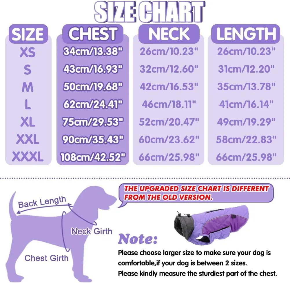 EMUST Winter Dog Vests, Fleece Lined Coats for Cold Weather, Warm Jackets for Small to XXXL Dogs, Purple