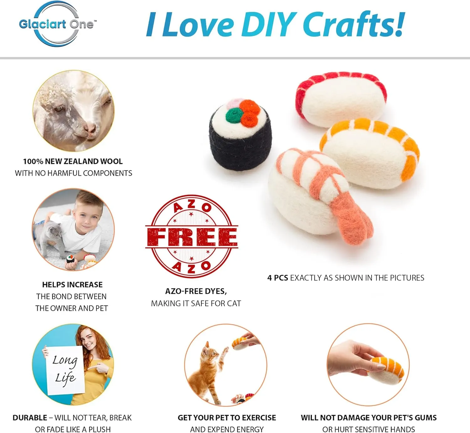 Glaciart One Wool Sushi Cat Toy Set with Catnip | Cute Cat Toy for Interaction & Boredom Relief, Encourages to Exercise, Explore & Play | Filled w/Organic Catnip to Help Sooth or Reduce Anxiety