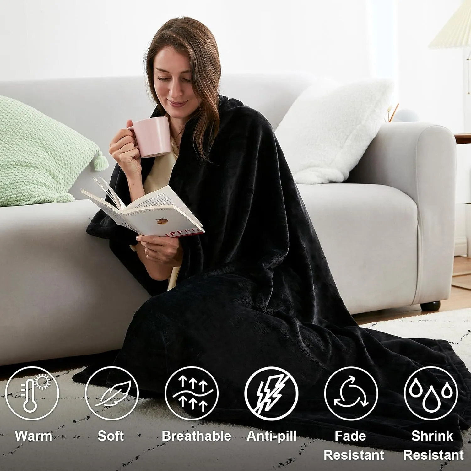 Hansleep Fleece Black Throw Blanket, Super Soft Flannel Fuzzy Plush Cozy Blanket for All Seasons, Black, Throw 50x60 Inches