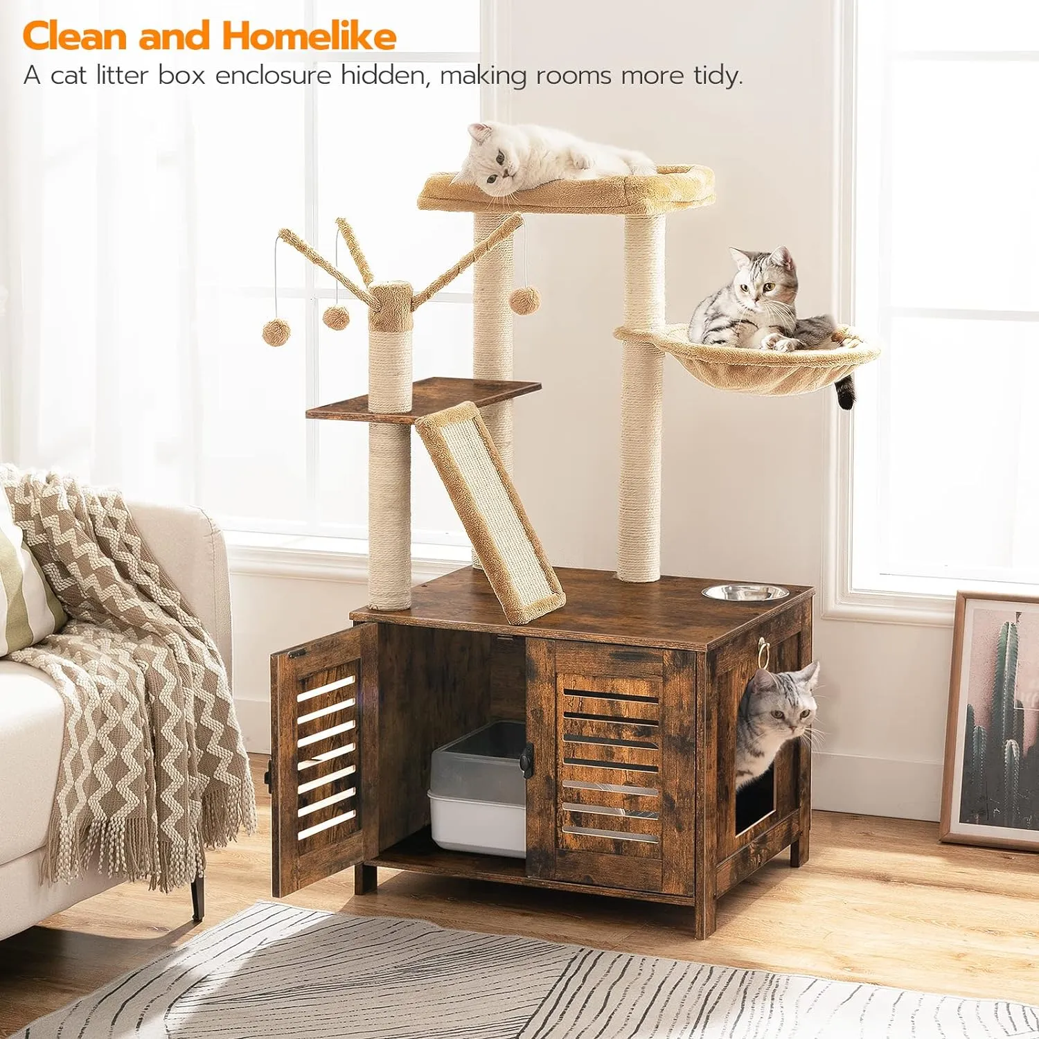 HOOBRO Cat Tree with Litter Box Enclosure, 44" Tall Wooden Cat Tower with Scratching Posts, Cat Hammock, Hidden Litter Box Furniture, All-in-One Indoor Cat Condo, Rustic Brown FG48MZ03