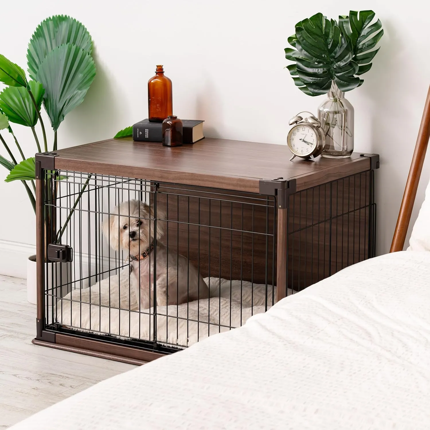 IRIS USA Modern Wooden Dog Crate  Stylish Furniture-Style Indoor Kennel & End Table for Small to Medium Dogs, Secure Enclosed Pet Cage with Sliding Door, Dark Brown