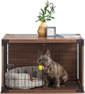 IRIS USA Modern Wooden Dog Crate  Stylish Furniture-Style Indoor Kennel & End Table for Small to Medium Dogs, Secure Enclosed Pet Cage with Sliding Door, Dark Brown