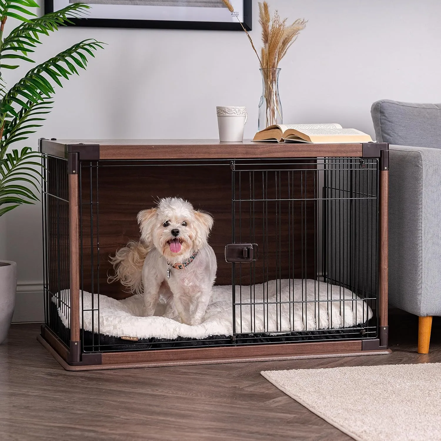IRIS USA Modern Wooden Dog Crate  Stylish Furniture-Style Indoor Kennel & End Table for Small to Medium Dogs, Secure Enclosed Pet Cage with Sliding Door, Dark Brown