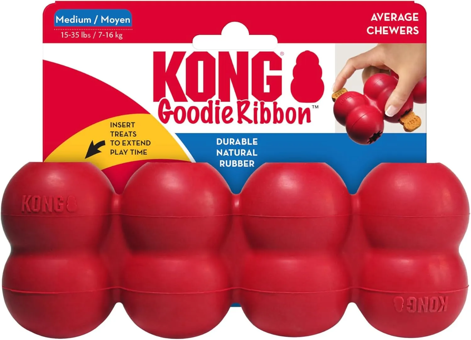 KONG Goodie Ribbon - Stuffable Natural Rubber Dog Toy - with Four Fillable Goodie Grippers for Enrichment Play - Bone-Shaped Chew Toy - for Medium Dogs