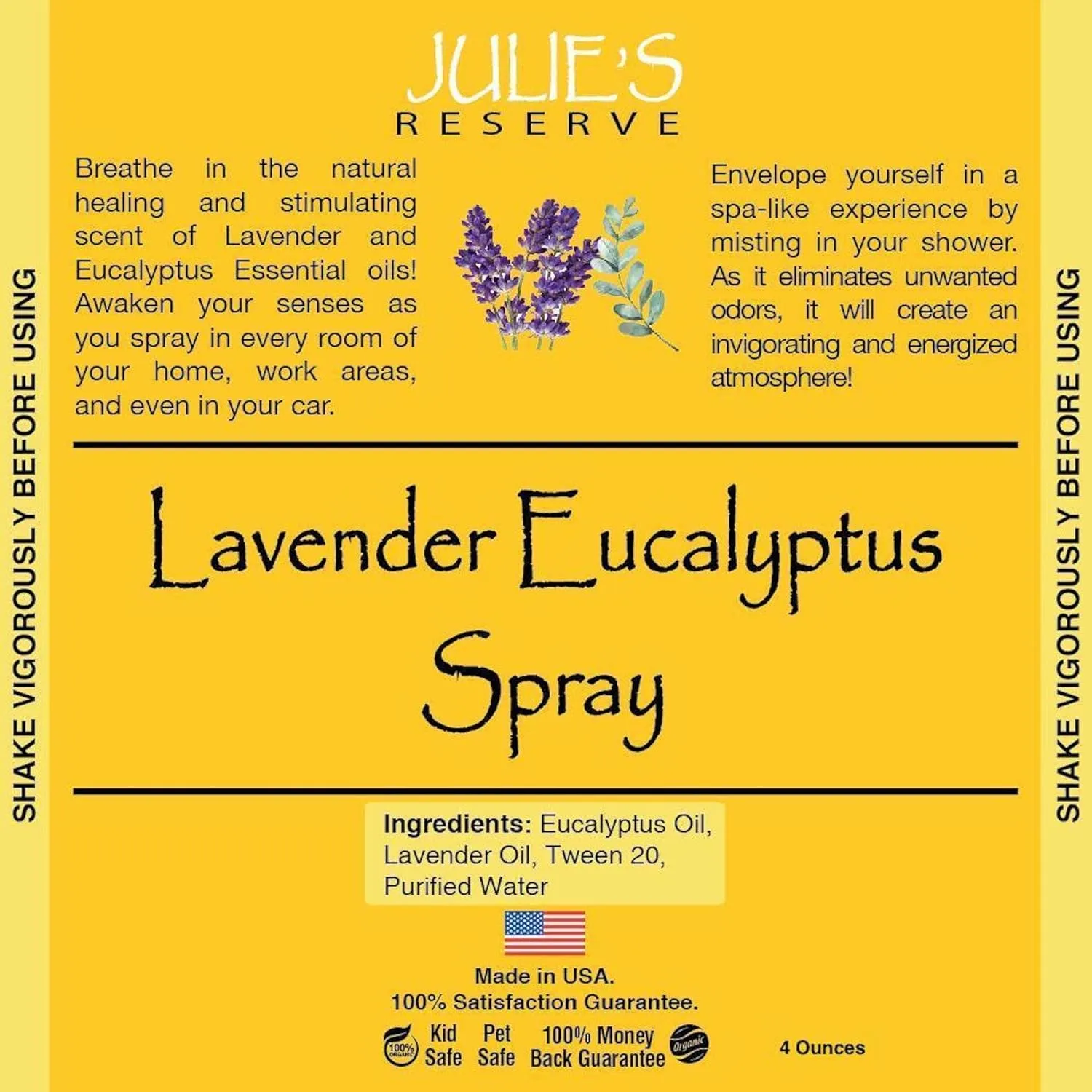 Lavender Eucalyptus Room & Linen Spray Julie's Reserve Natural Essential Oil Spray Bathroom Invigorate & relax, 4 Ounce (Pack of 1)