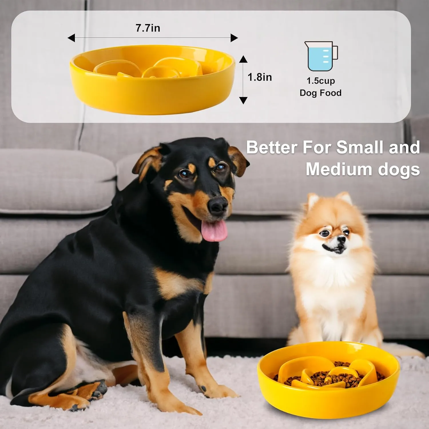 LETAOTAO Ceramic Slow Feeder Dog Bowl, 1.5 Cup Slows Eating for Medium to Large Dogs, Puppy Bowl (Yellow)